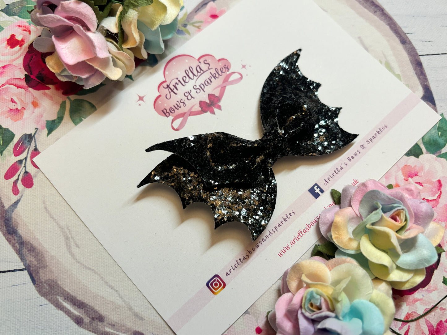 Halloween black glittery bat wing bow